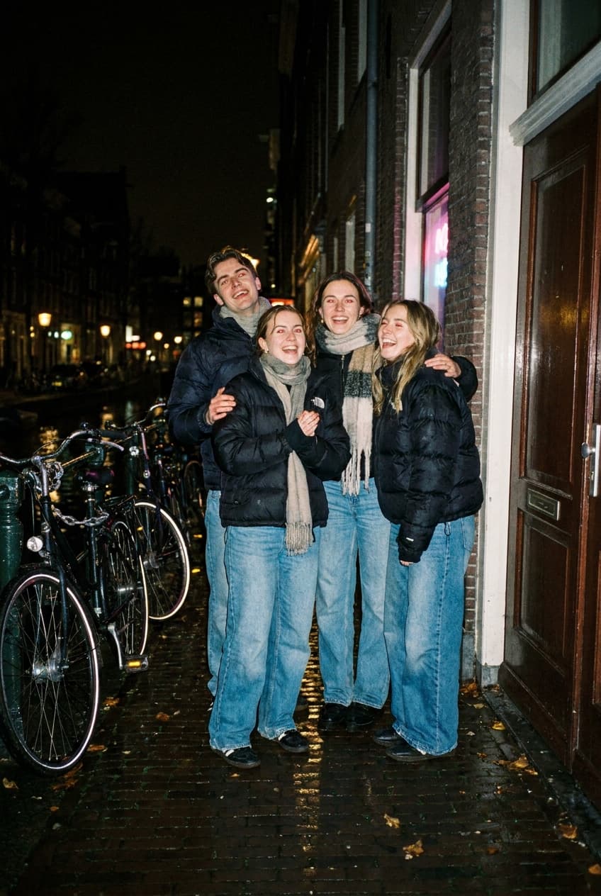 Groepsfoto op natte stoep bij de gracht, winterjassen
